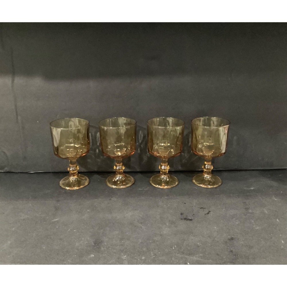 Set Of 4 Vintage Hazel Atlas El Dorado Amber Gold Wine‎ Glass Goblets Thumbprint